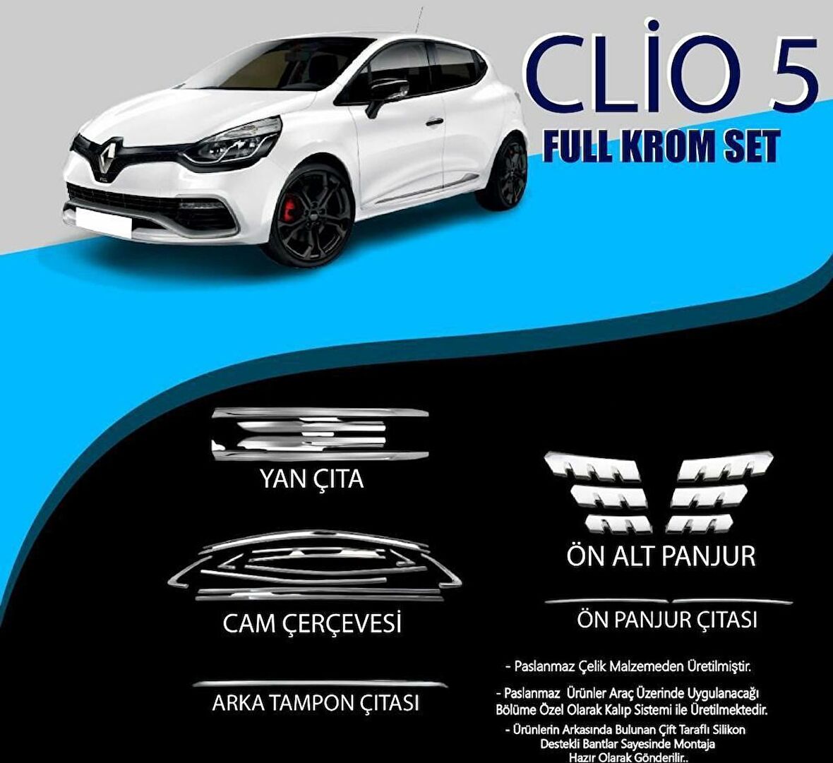 Renault Clio 5 Krom Set (Cam Çerv.-Yan Kapı Çıt.-Ön Alt Panjur-Arka Tampon Çıt.-Ön Panjur Çıt.)