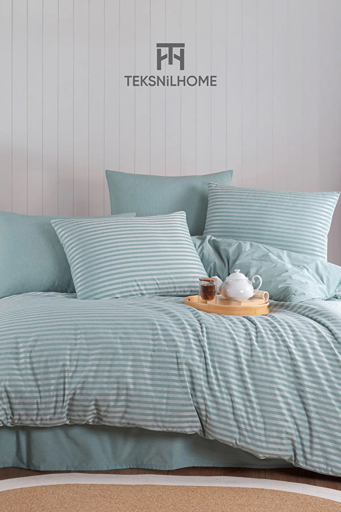 %100 Pamuklu Yeşil Natural Stripe Nevresim Takımı 3 Parça (ÇİFT KİŞİLİK)