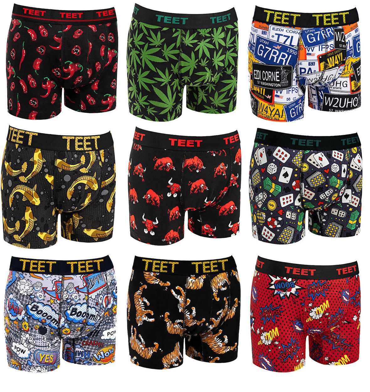 TEET Erkek Boxer Pamuklu Desenli Premium 9'lu Set