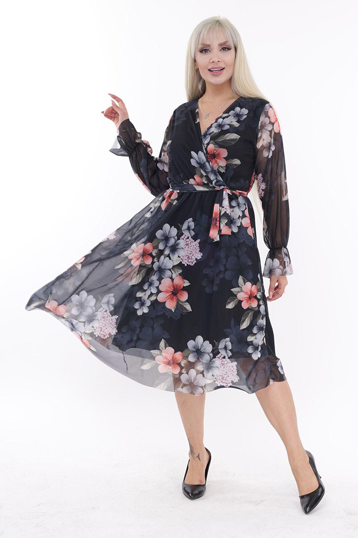 Kruvaze Yaka Büyük Beden Elbise 31E-2195