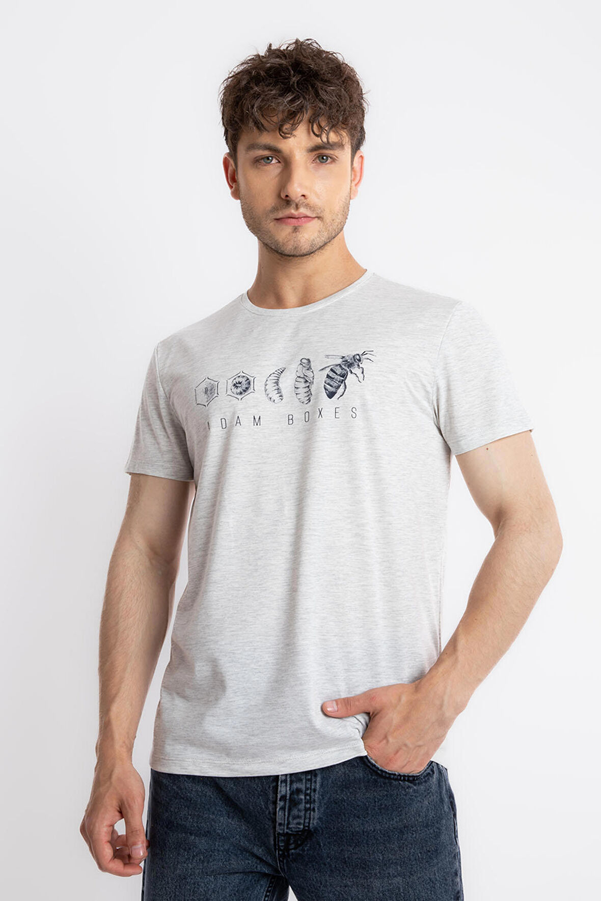 Adam Boxes O-Yaka Baskılı T-shirt Apiso - Gri Melanj