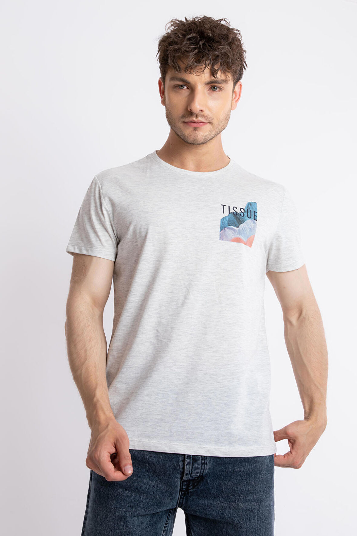 Adam Boxes O-Yaka Baskılı T-shirt Tissue - Gri Melanj