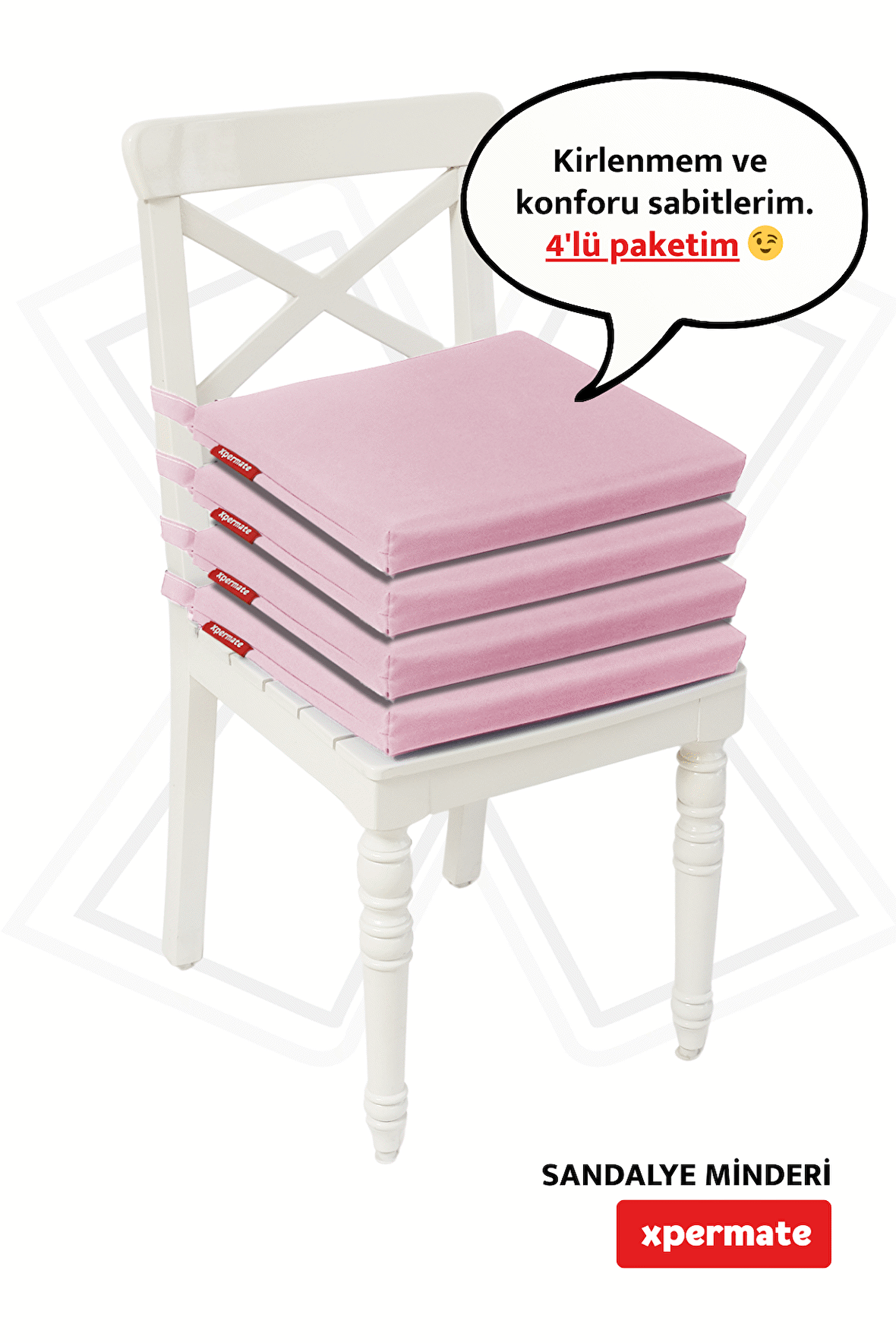 Xpermate Fermuarlı 4'lü Sandalye Minderi Su İtici Kumaş 40x40Cm Sünger Sandalye Minderi Bağcıklı Pembe