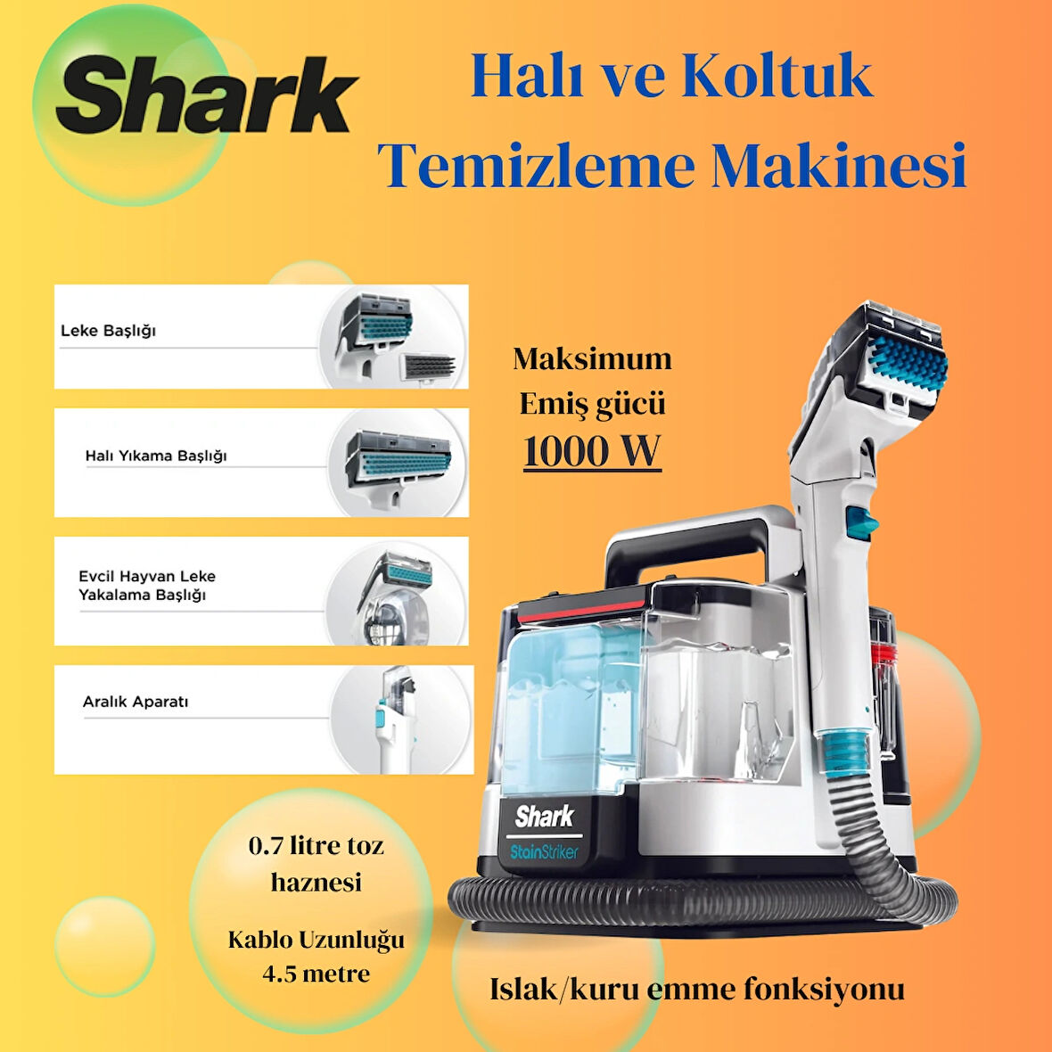 SHARK StainStriker Kolay Taşınabilir Halı ve Koltuk Temizleme Makinesi Beyaz