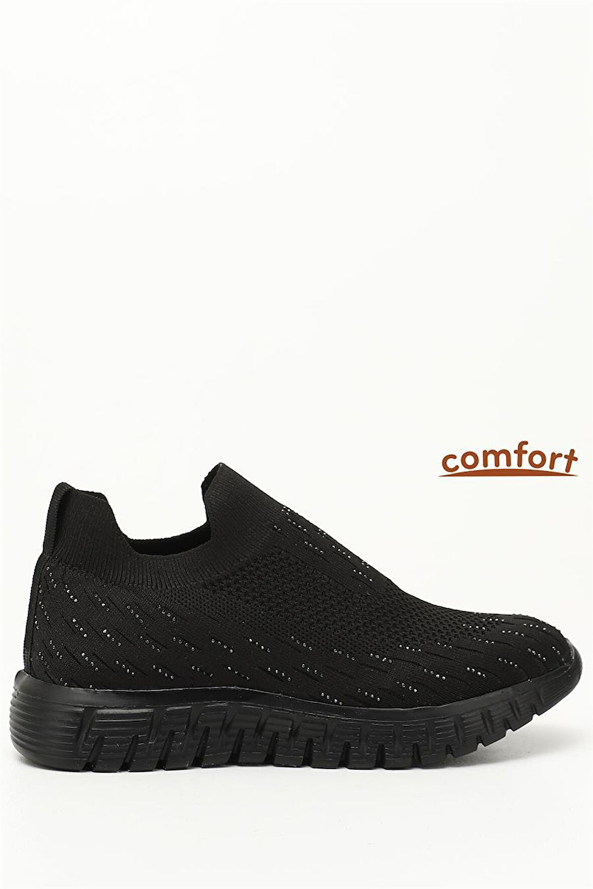 Divamod 502 Kadın Siyah Triko Taşlı Memory Foam Tabanlıklı Comfort Sneaker Siyah