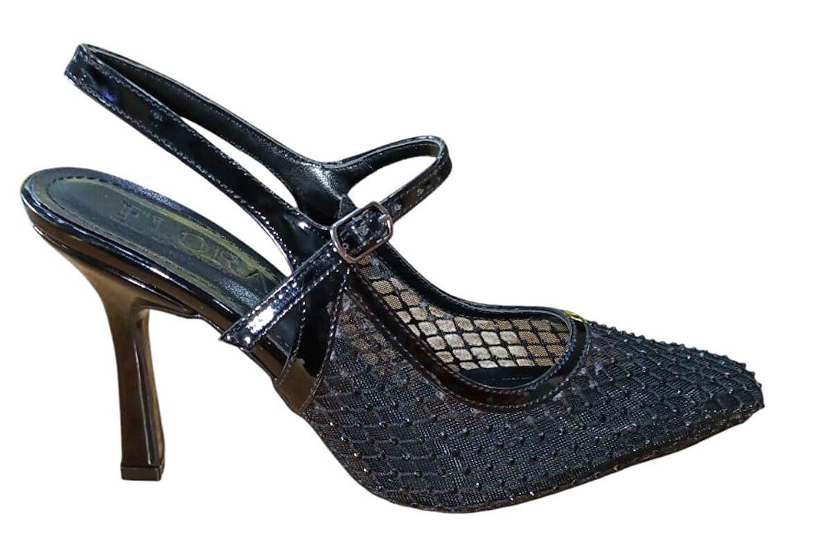 Flora 3025 Kadın Taşlı Fileli Abiye Ayakkabı Siyah