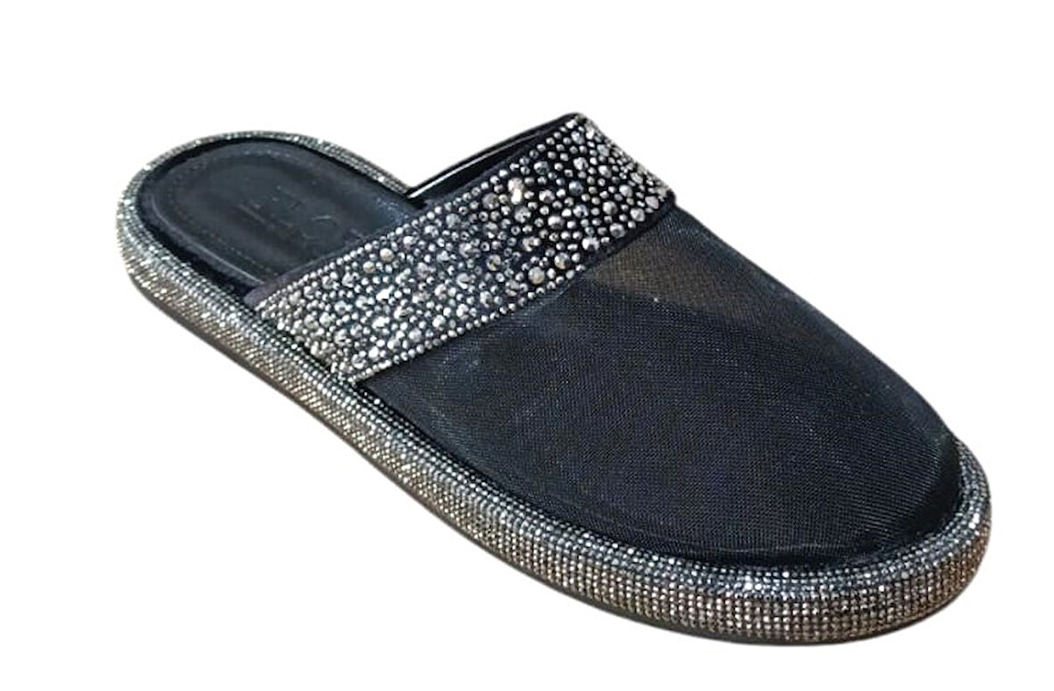 Flora 172 Kadın Taşlı Fileli Düz Taban Terlik Siyah