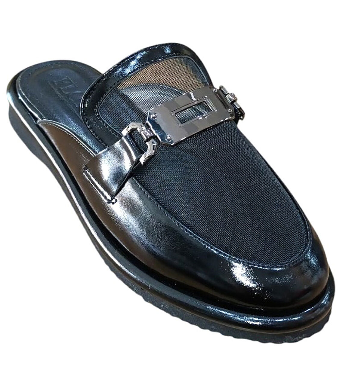 Flora 1111 Kadın Fileli Düz Taban Terlik Siyah Rugan