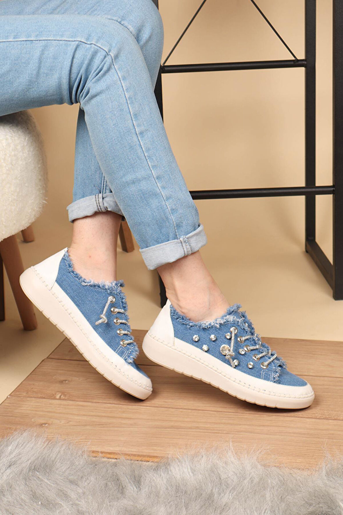 Aria 2408 Kadın Taşlı Kot Sneaker Ayakkabı Mavi