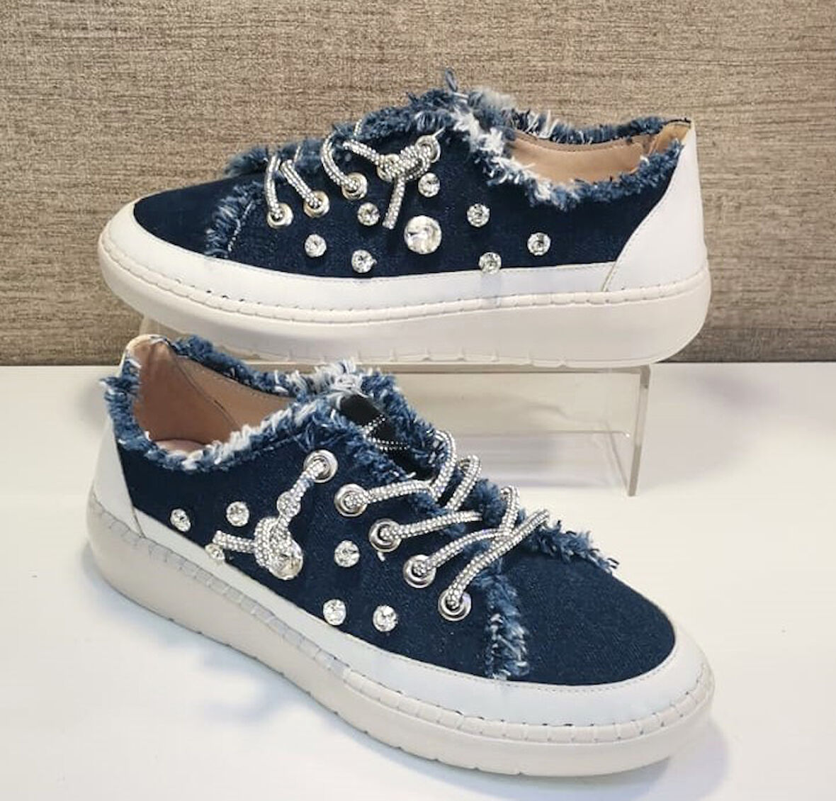 Aria 2408 Kadın Taşlı Kot Sneaker Ayakkabı Lacivert