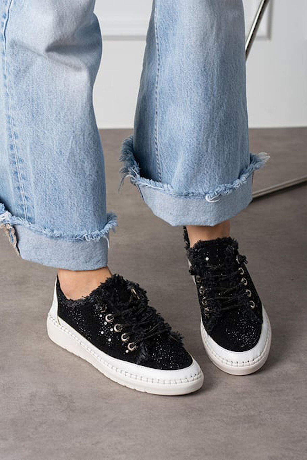 Aria 2410 Kadın Taşlı Kot Sneaker Ayakkabı Siyah