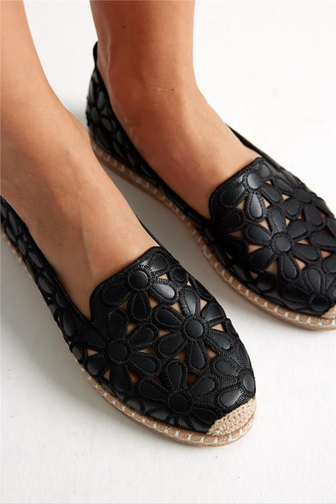 Green Mod 923 Kadın Hasırlı Nakışlı Espadril Babet Siyah