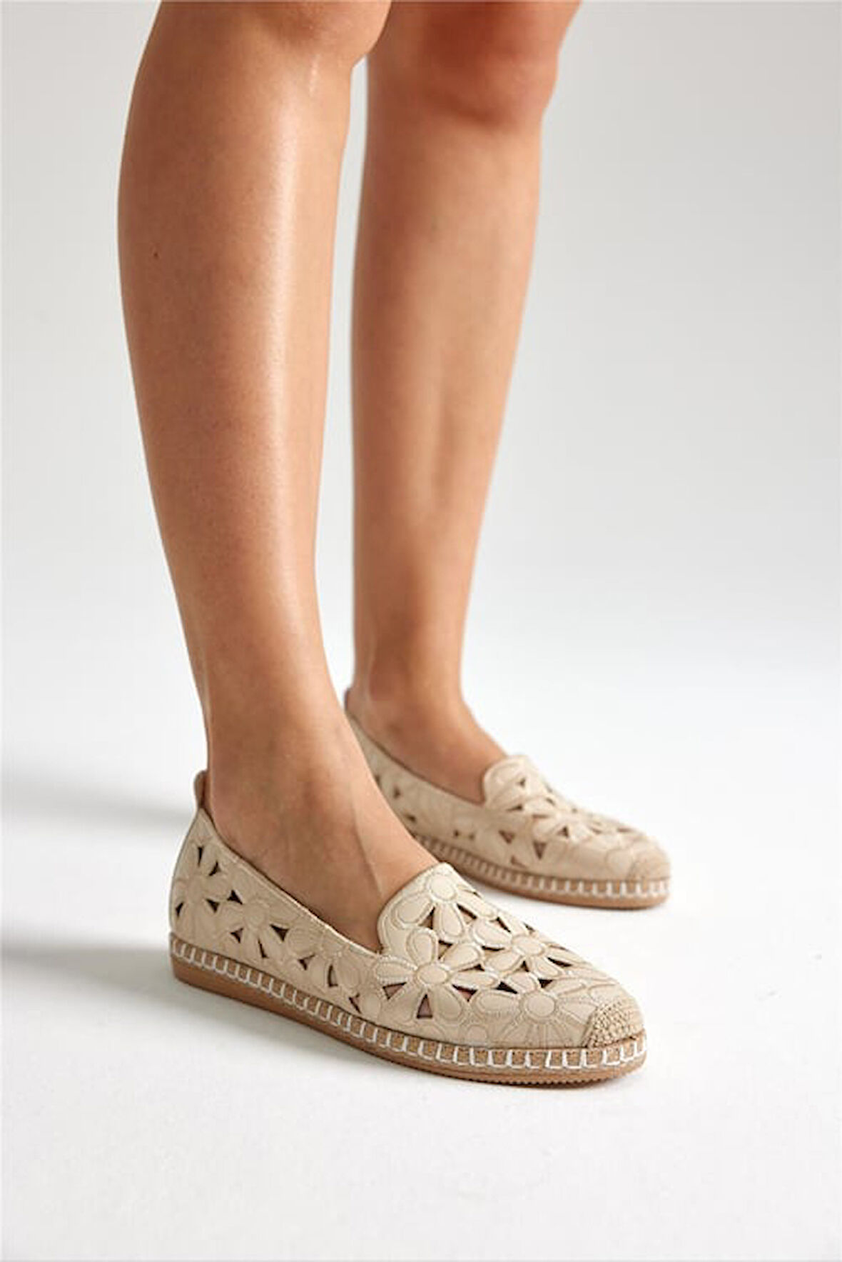 Green Mod 923 Kadın Hasırlı Nakışlı Espadril Babet Bej