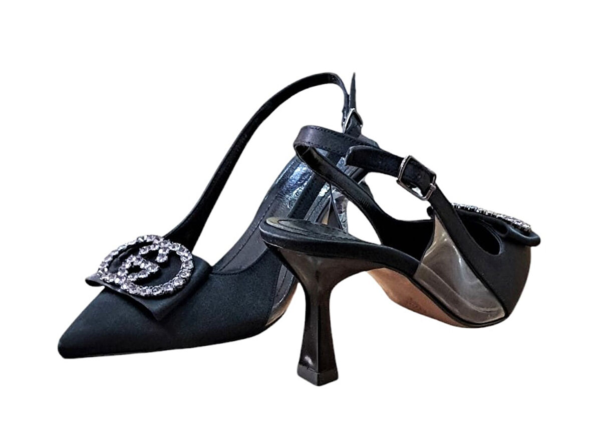 Stillo 33 Kadın Saten Taşlı Tokalı Arka Açık Kadeh Ökçe Stiletto Siyah