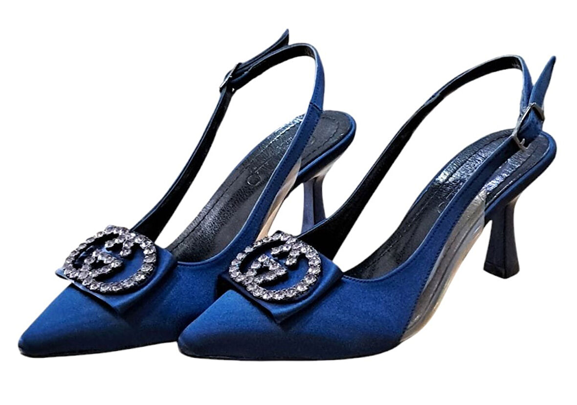Stillo 33 Kadın Saten Taşlı Tokalı Arka Açık Kadeh Ökçe Stiletto Lacivert