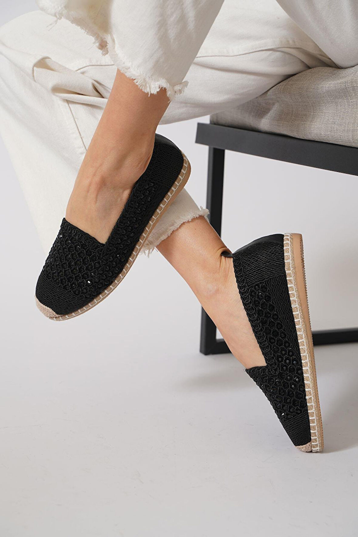 Green Mod 312 Kadın Hasırlı Taşlı Espadril Babet Siyah