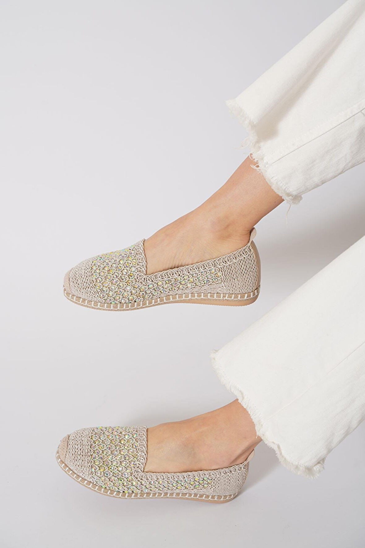 Green Mod 312 Kadın Hasırlı Taşlı Espadril Babet Bej