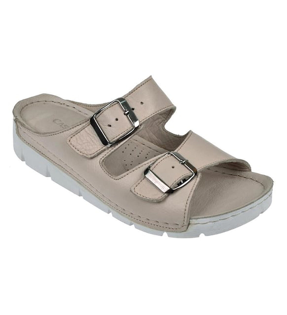 Castle Black 20317 Kadın Hakiki Deri İki Tokalı Comfort Terlik Bej