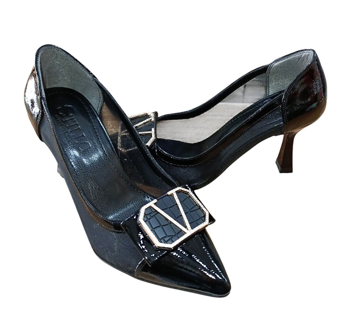 Stillo 320 Kadın Taşlı Tokalı Tül Detaylı Kadeh Ökçe Abiye Ayakkabı Siyah Rugan