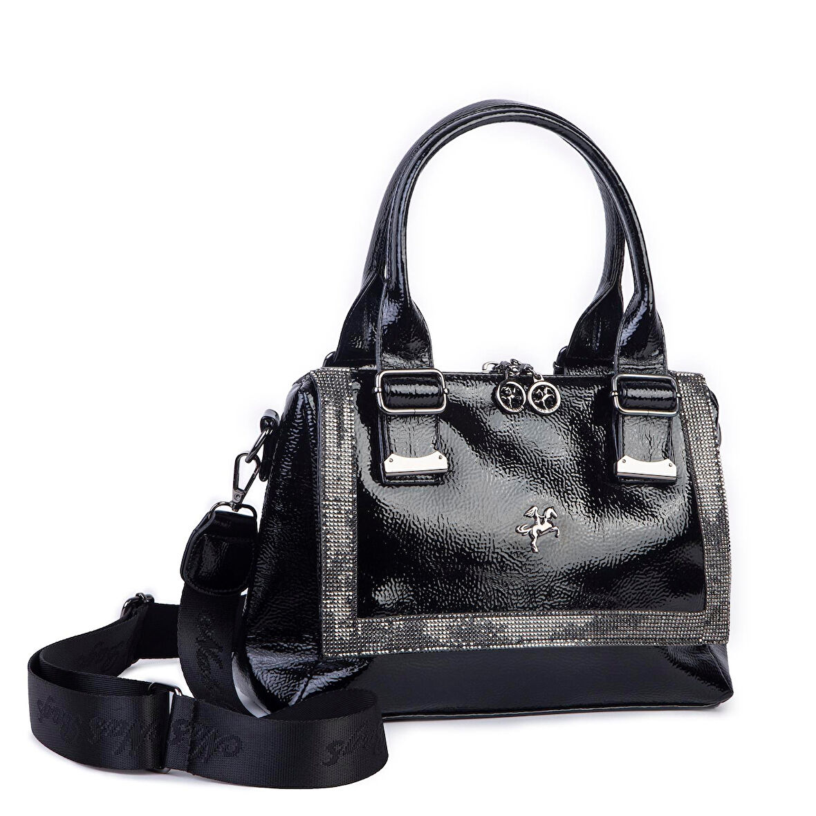 Nas 1455 Kadın Taşlı El Ve Omuz Çantası Siyah Rugan