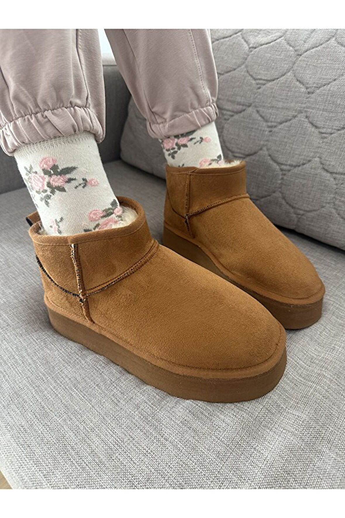 Feel Up En002 Kadın Bilek Boy Süet Peluşlu Eva Taban Bot Taba