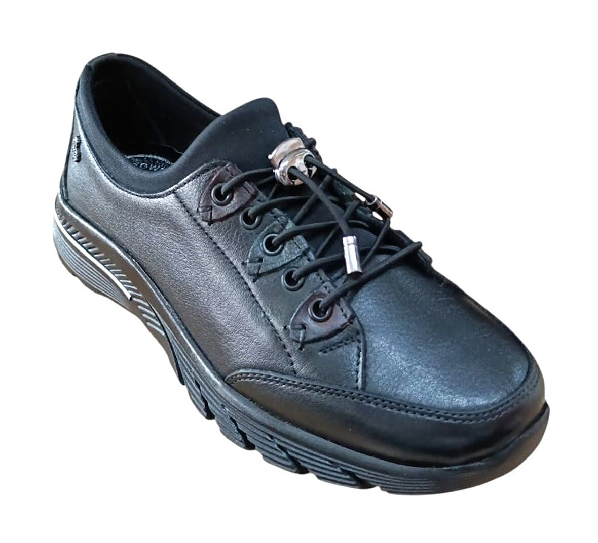 Palovit 027 Kadın Hakiki Deri Lastikli Düz Taban Comfort Günlük Ayakkabı Siyah