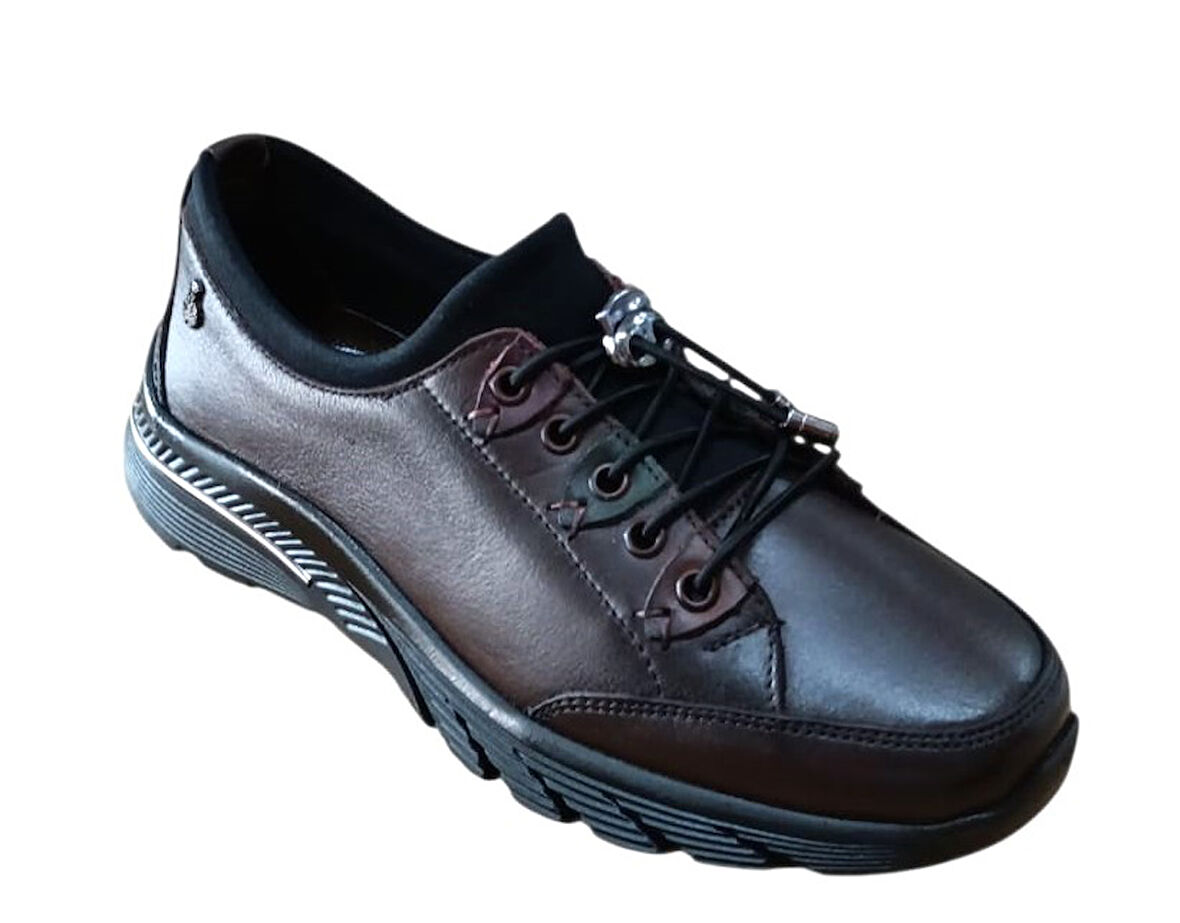 Palovit 027 Kadın Hakiki Deri Lastikli Düz Taban Comfort Günlük Ayakkabı Kahve