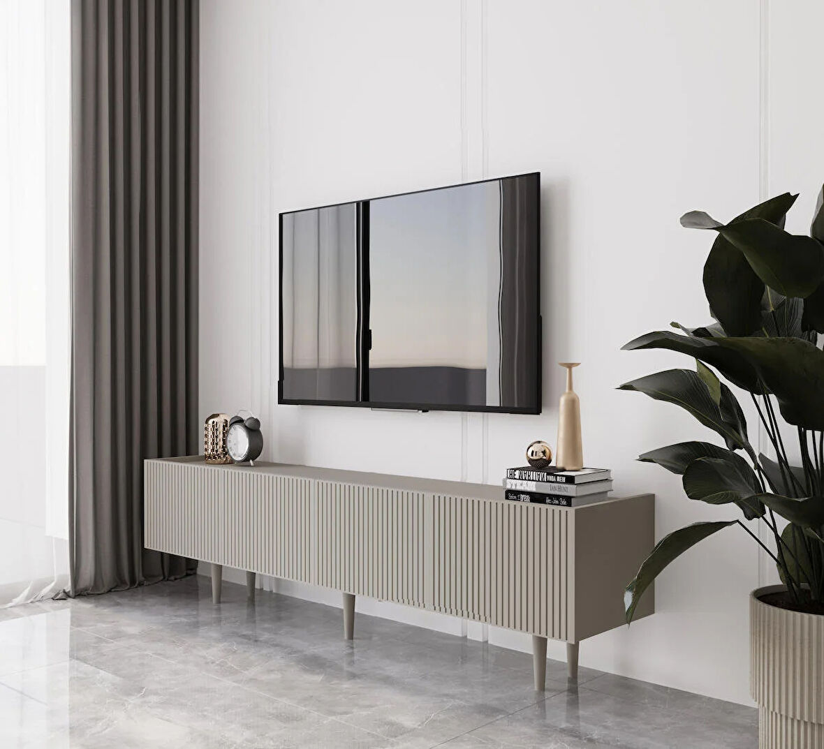 Enwood Capella Kumtaşı Rengi Mdf 4 Kapaklı Ahşap Ayaklı 160 Cm Tv Ünitesi