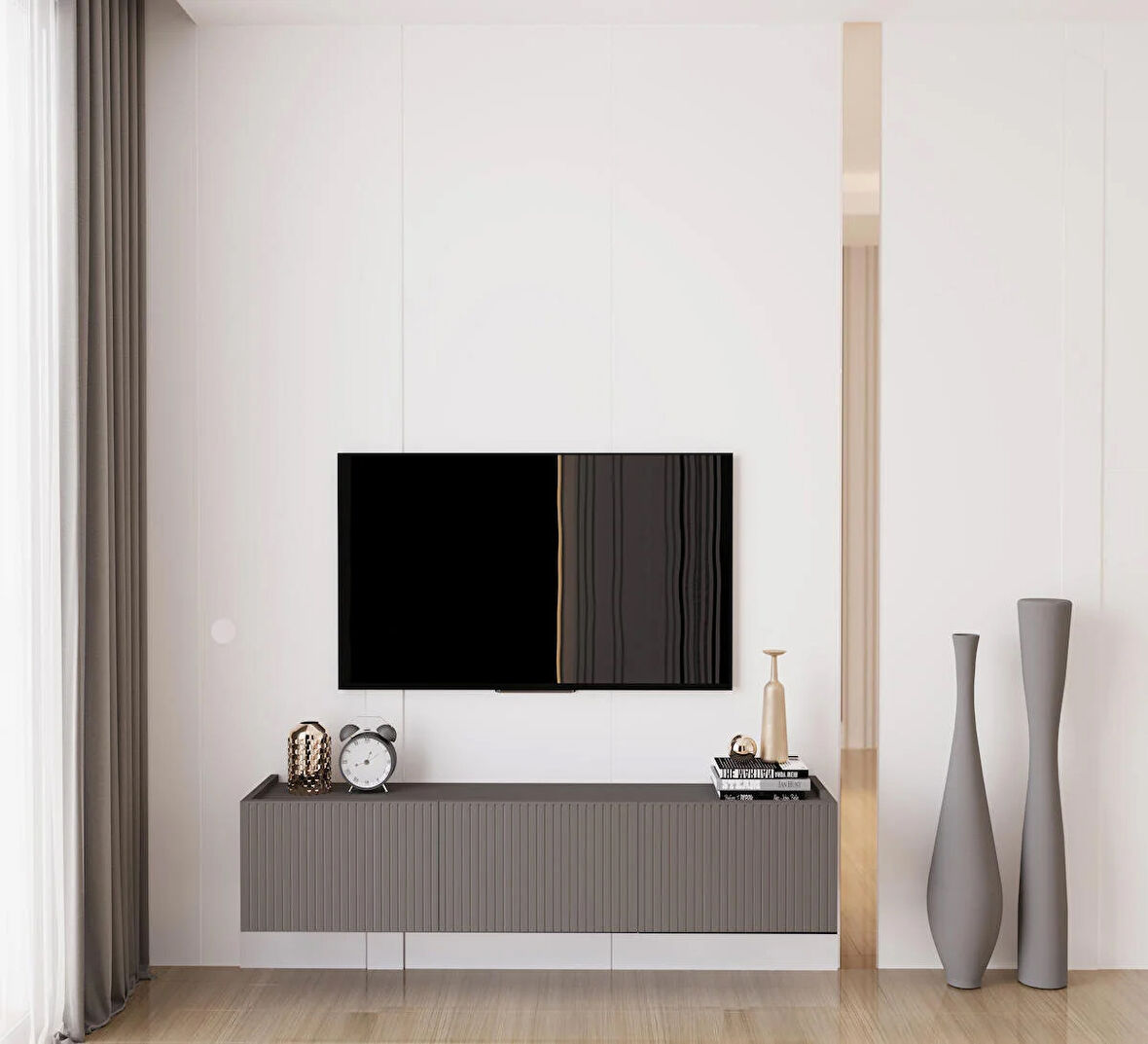 Enwood Capella Gri Mdf Country 3 Kapaklı DUVARA MONTE 140 Cm Tv Ünitesi