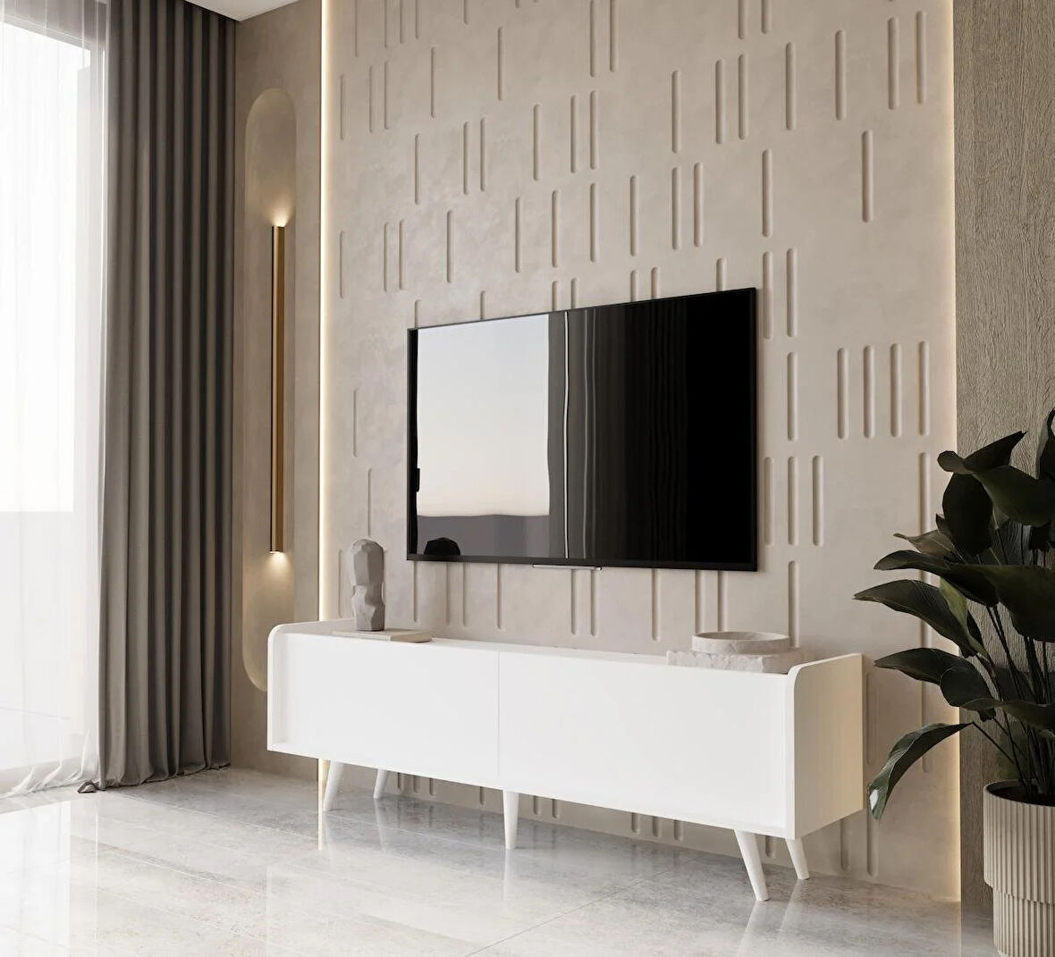 ENWOOD RİGEL COUNTRY BEYAZ MDF 2 KAPAKLI (DÜŞME KAPAK) AHŞAP AYAKLI 180 CM TV ÜNİTESİ