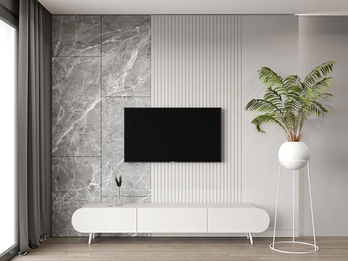 Enwood Regulus Beyaz Mdf 3 Kapaklı (Üstten Açılır) Ahşap Ayaklı 180 Cm Modern Tv Ünitesi