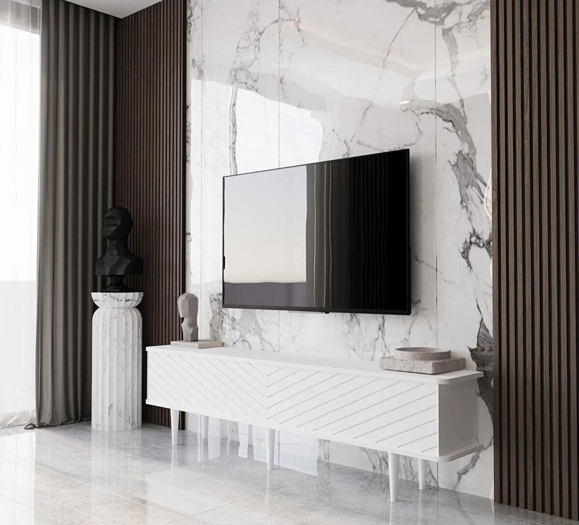 Enwood Pollux Country Mdf Beyaz 2 Kapaklı Ahşap Ayaklı 180 Cm Tv Ünitesi