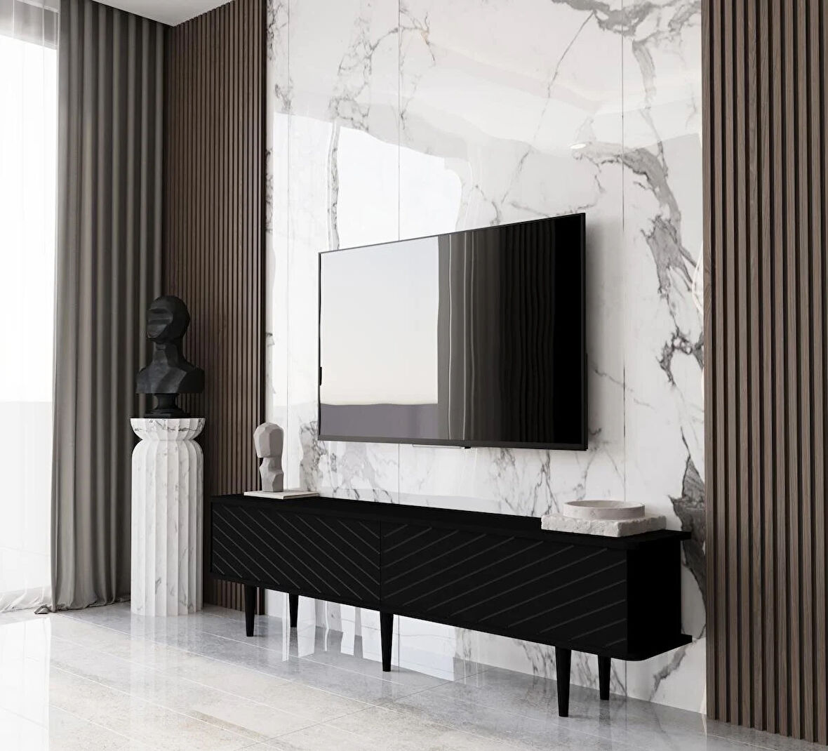 Enwood Pollux Country Mdf Siyah 2 Kapaklı Ahşap Ayaklı 180 Cm Tv Ünitesi