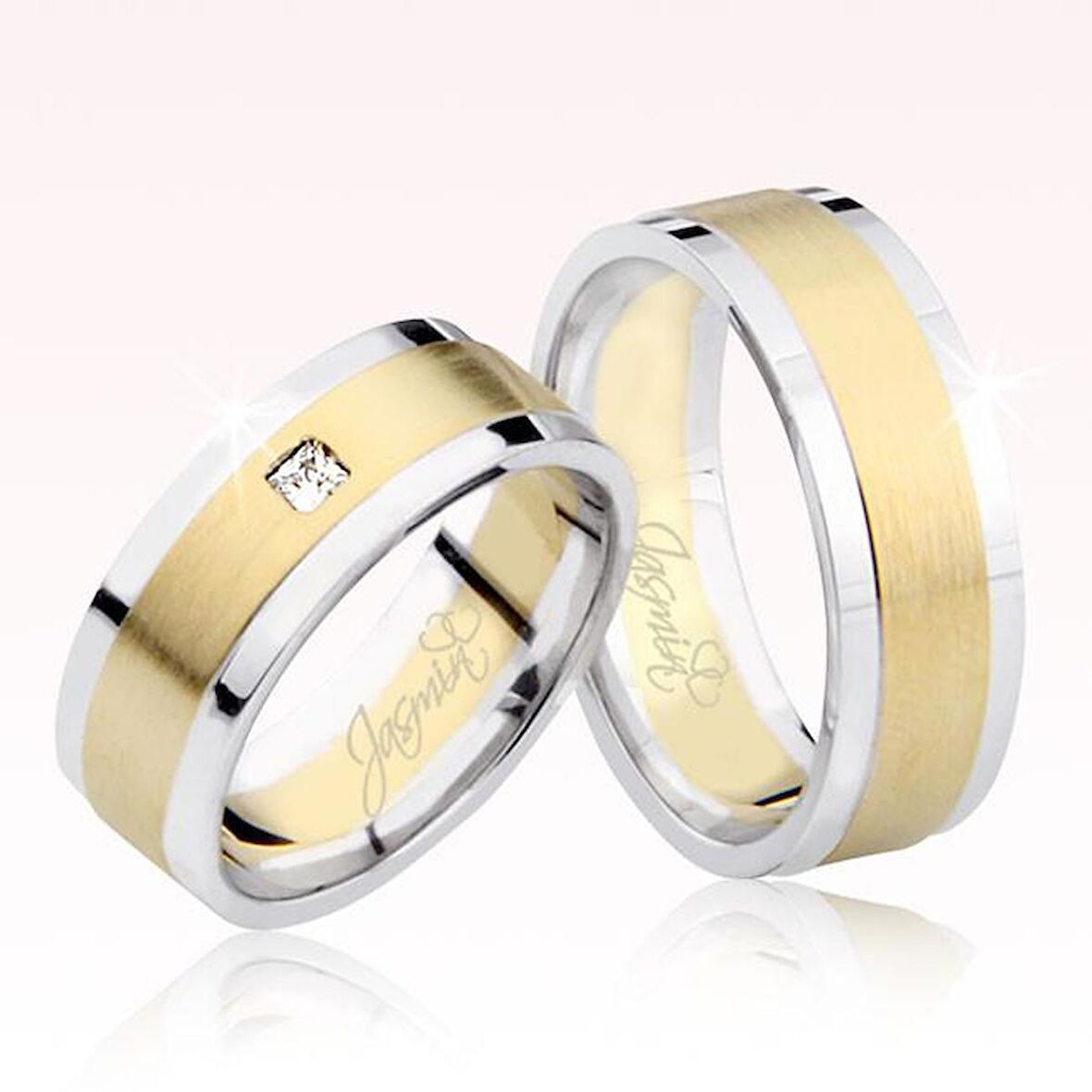 Beyaz Sarı Şeritli Taşlı Altın Alyans 3201-1