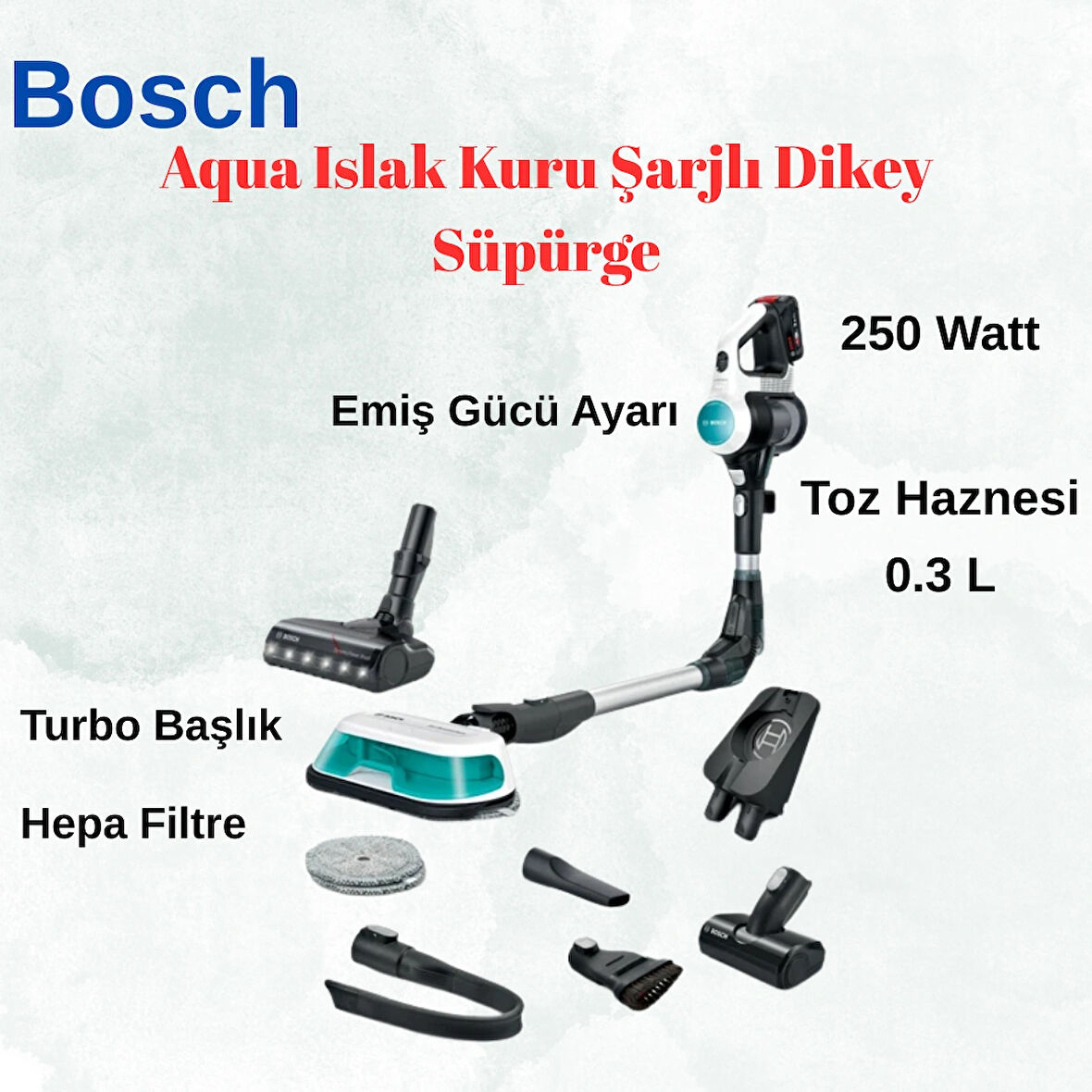 Bosch  250 Watt Prohygienic Aqua Islak Kuru Şarjlı Dikey Süpürge
