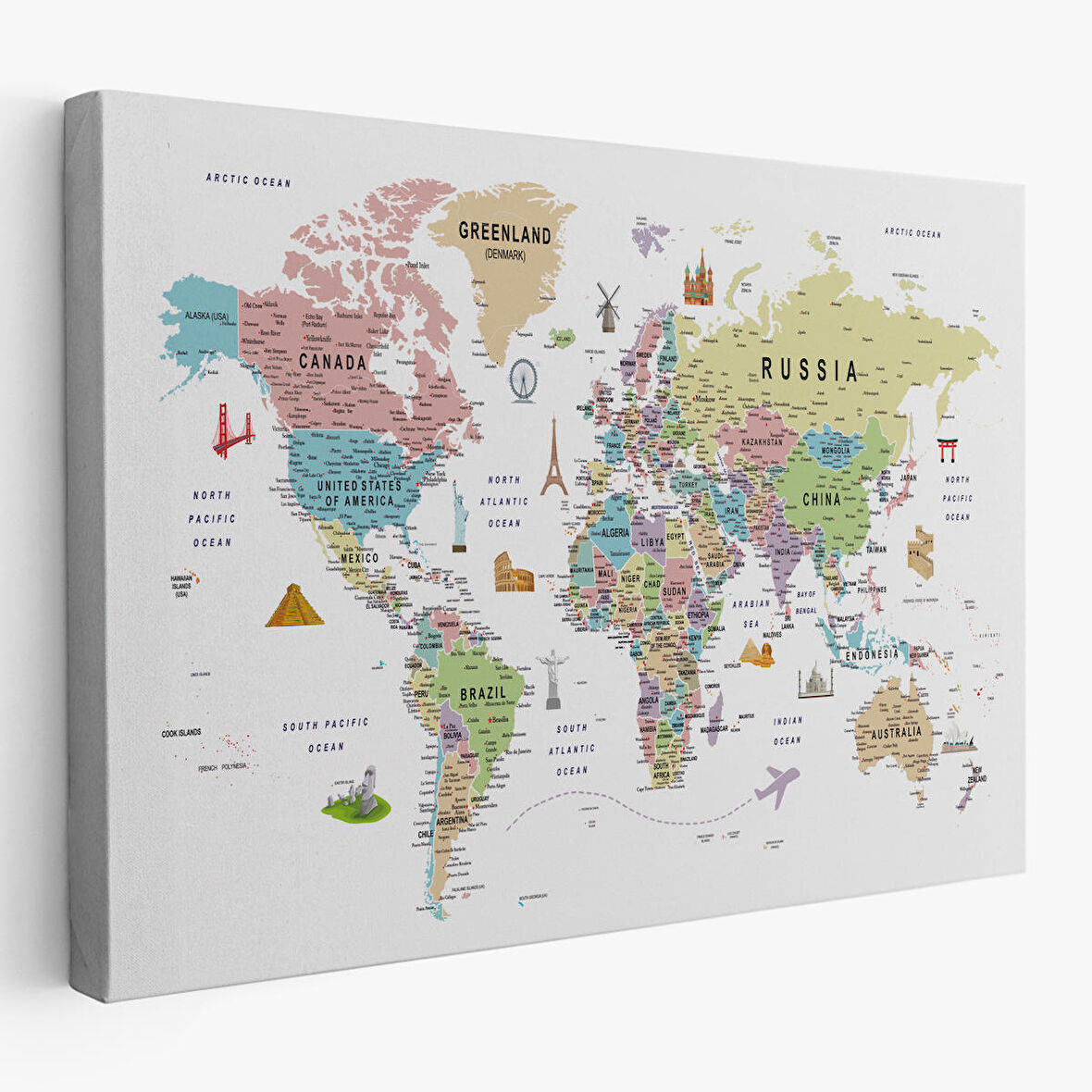 Harita Sepeti Dünya Haritası Son Derece Ayrıntılı Eğitici ve Sembollü Kanvas Tablo 3203