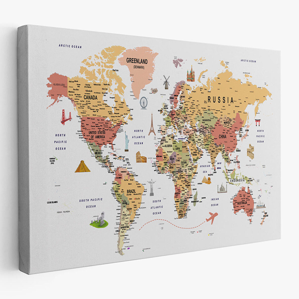 Harita Sepeti Dünya Haritası Son Derece Ayrıntılı Eğitici ve Sembollü Kanvas Tablo 3205