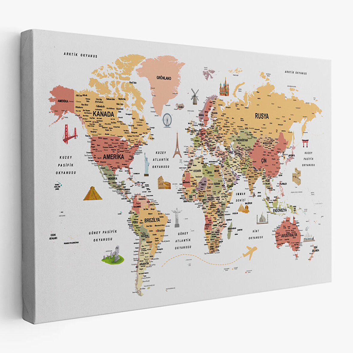 Harita Sepeti Türkçe Dünya Haritası Son Derece Ayrıntılı Eğitici ve Sembollü Kanvas Tablo 3206