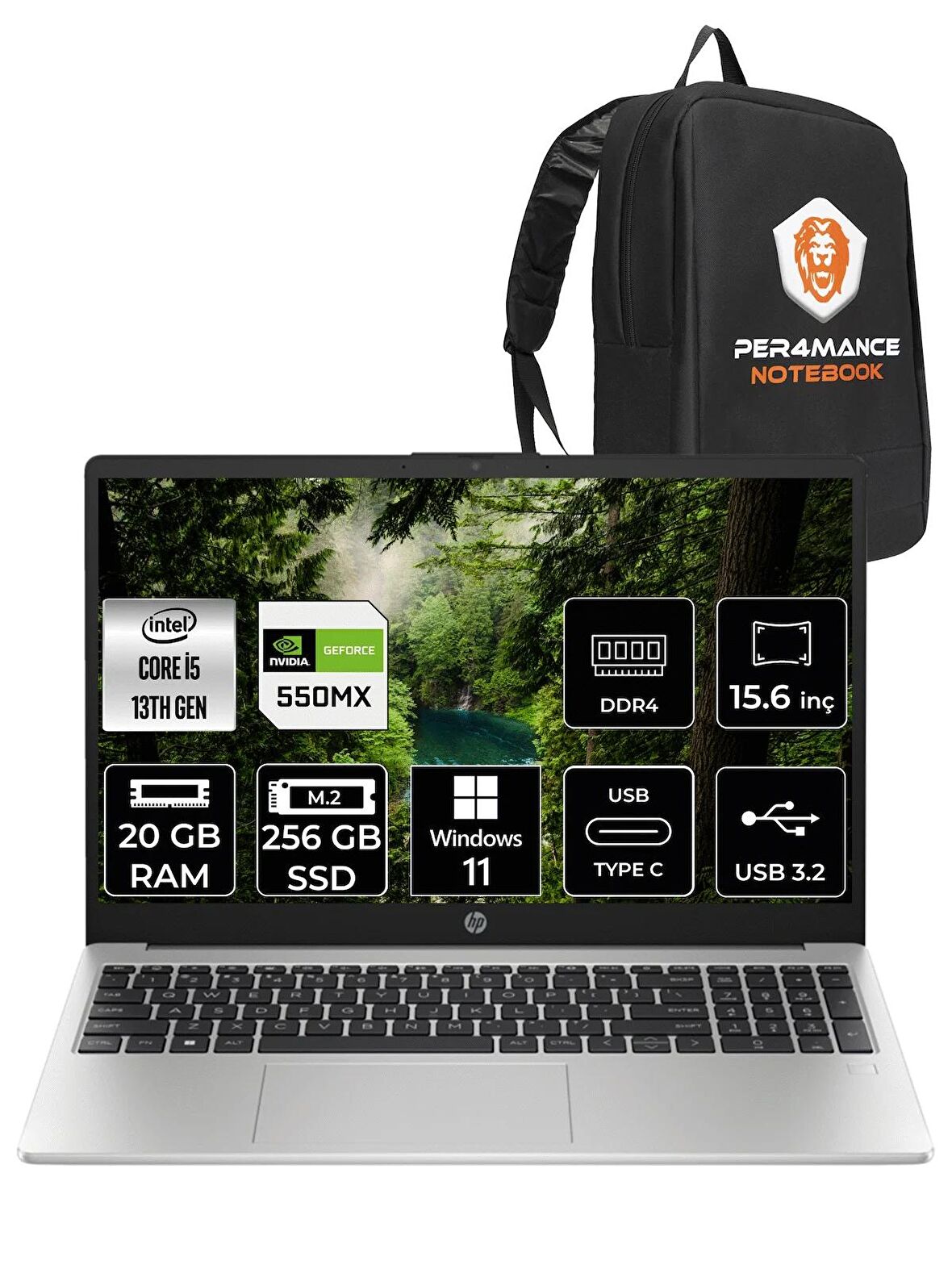 HP 250 G10 Intel Core i5 1335U 20GB RAM 256GB SSD MX550 15.6'' FHD W11PRO 8A539EA & PER4 ÇANTA