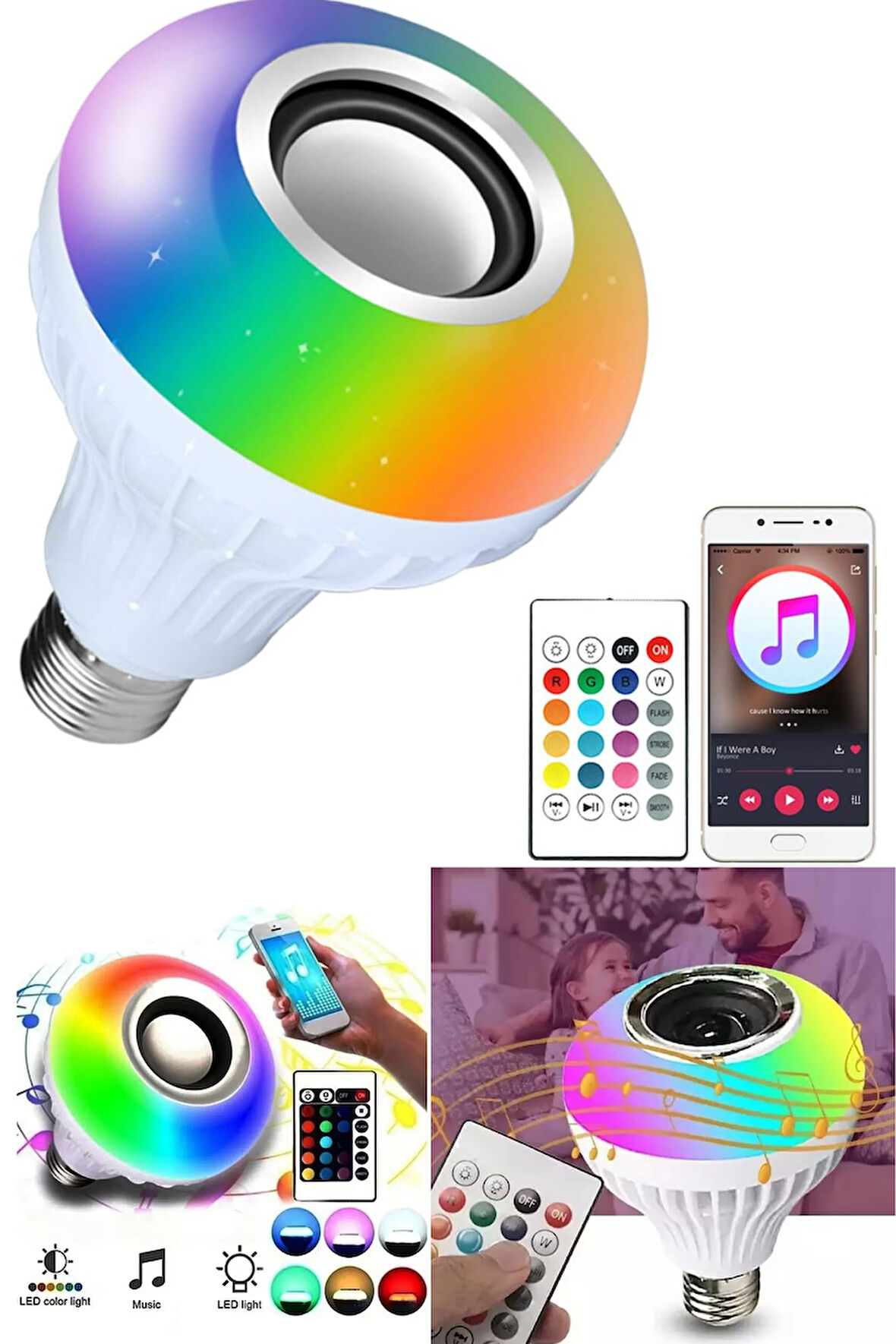 Bluetooth Hoparlörlü Uzaktan Kumandalı Rgb Akıllı Led Ampul-16 Renk Lamba