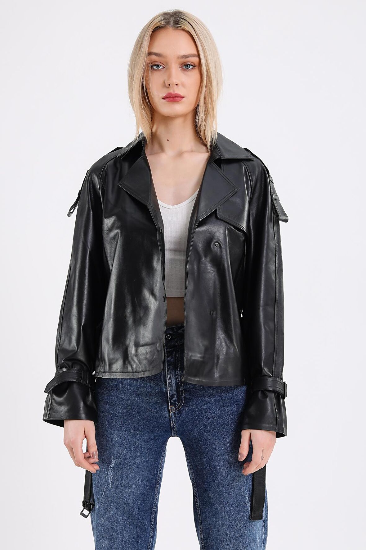 Oversize Biker Kadın Deri Mont