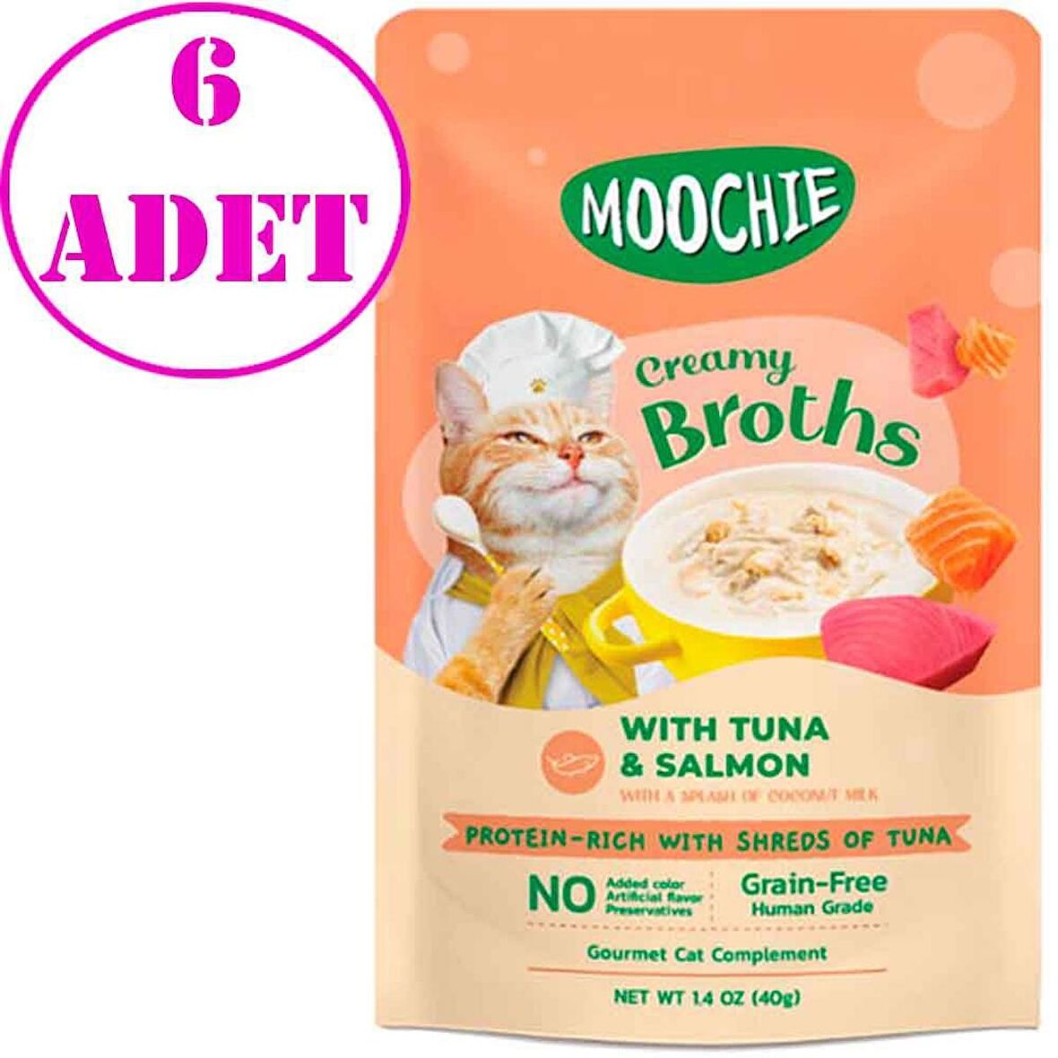 Moochie Kedi Çorbası Parça Ton Balığı Somon Tahılsız 40 Gr 6 AD