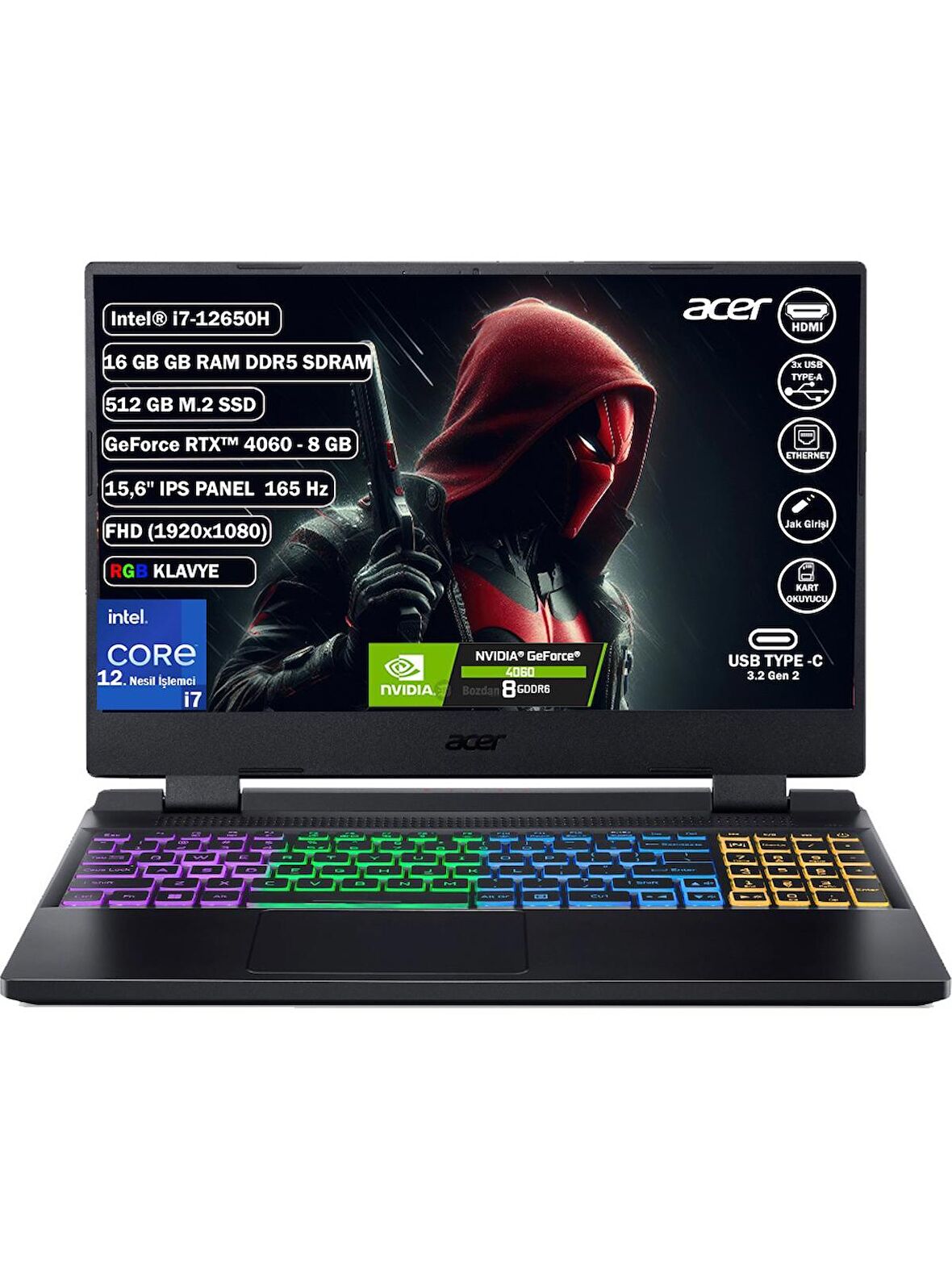 Acer Nitro 5 AN515-58 Intel Core i7 12650H 16 GB 512 GB SSD Rtx 4060 - 8 GB Freedos 15.6" FHD 165 Hz IPS Taşınabilir Bilgisayar NH.QM0EY.009