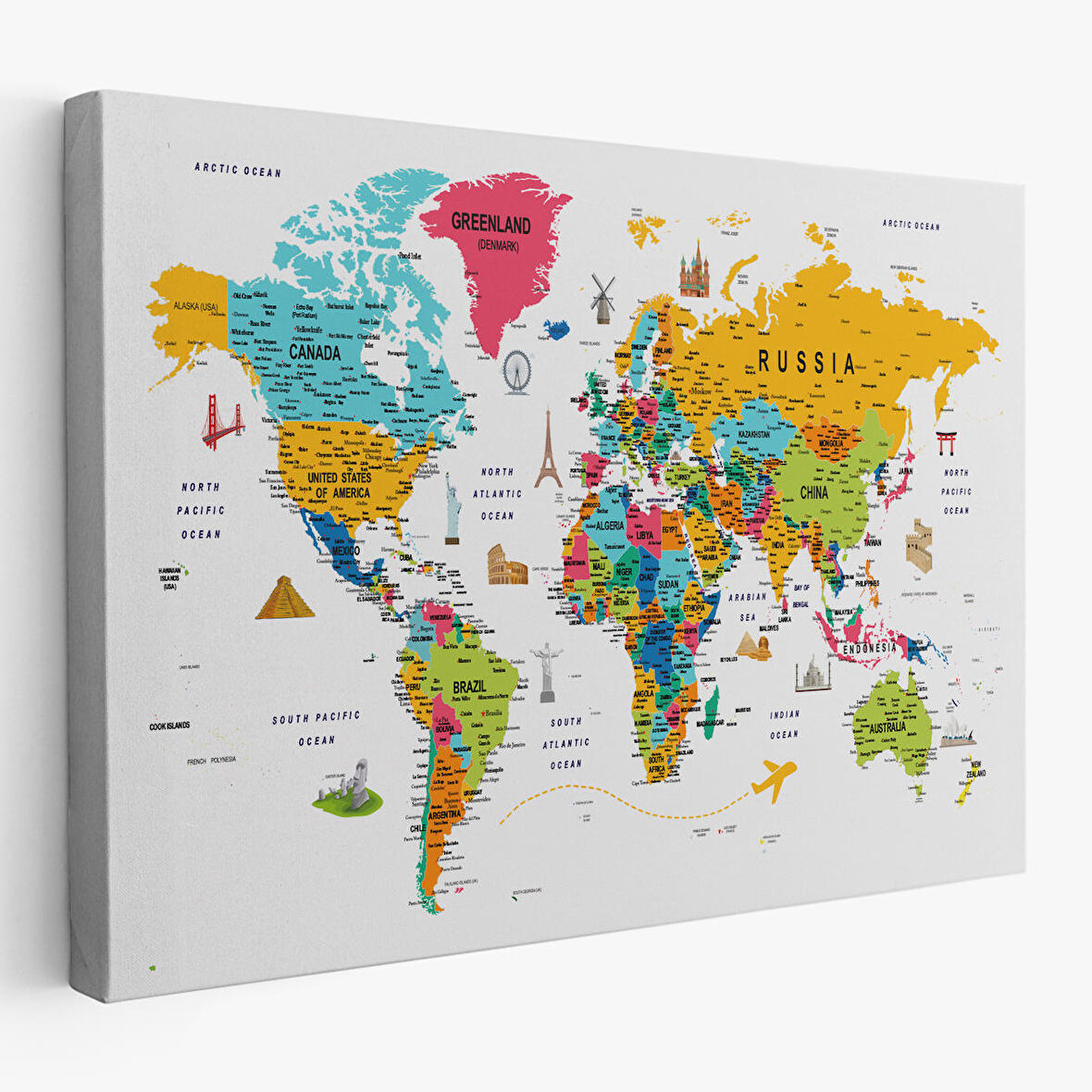 Harita Sepeti Dünya Haritası Son Derece Ayrıntılı Eğitici ve Sembollü Kanvas Tablo 3213