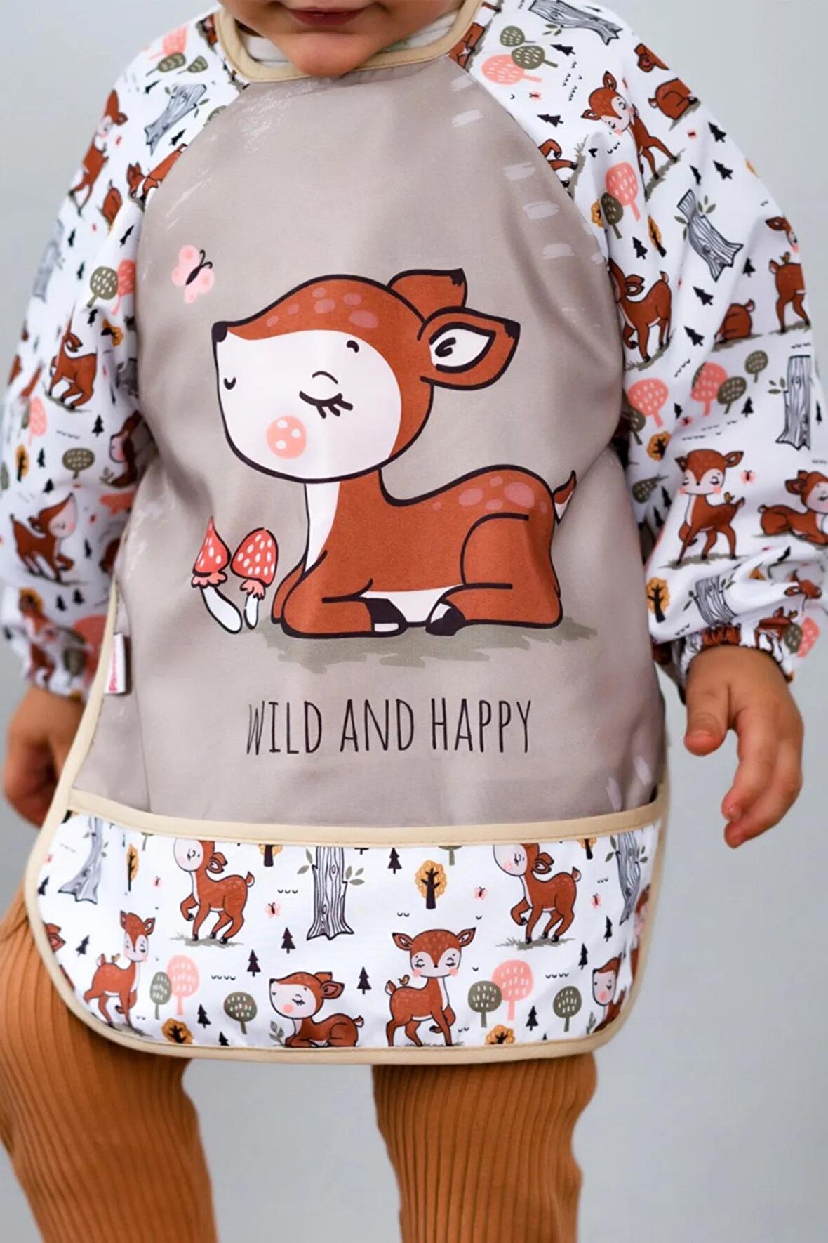 Wild And Happy Karaca Desenli Uzun Kollu Unisex Bebek Mama Önlüğü Sıvı Geçirmez