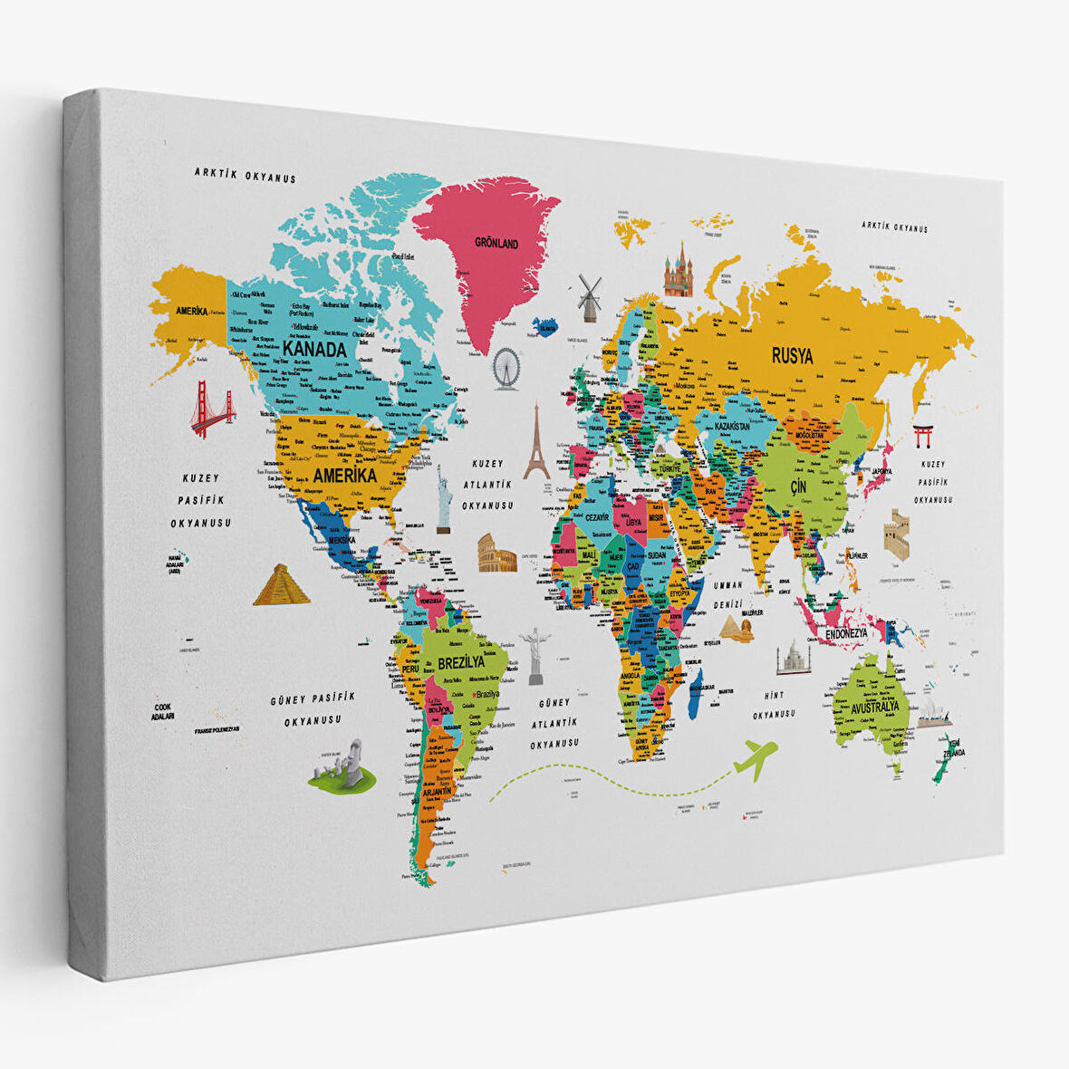 Harita Sepeti Türkçe Dünya Haritası Son Derece Ayrıntılı Eğitici ve Sembollü Kanvas Tablo 3214