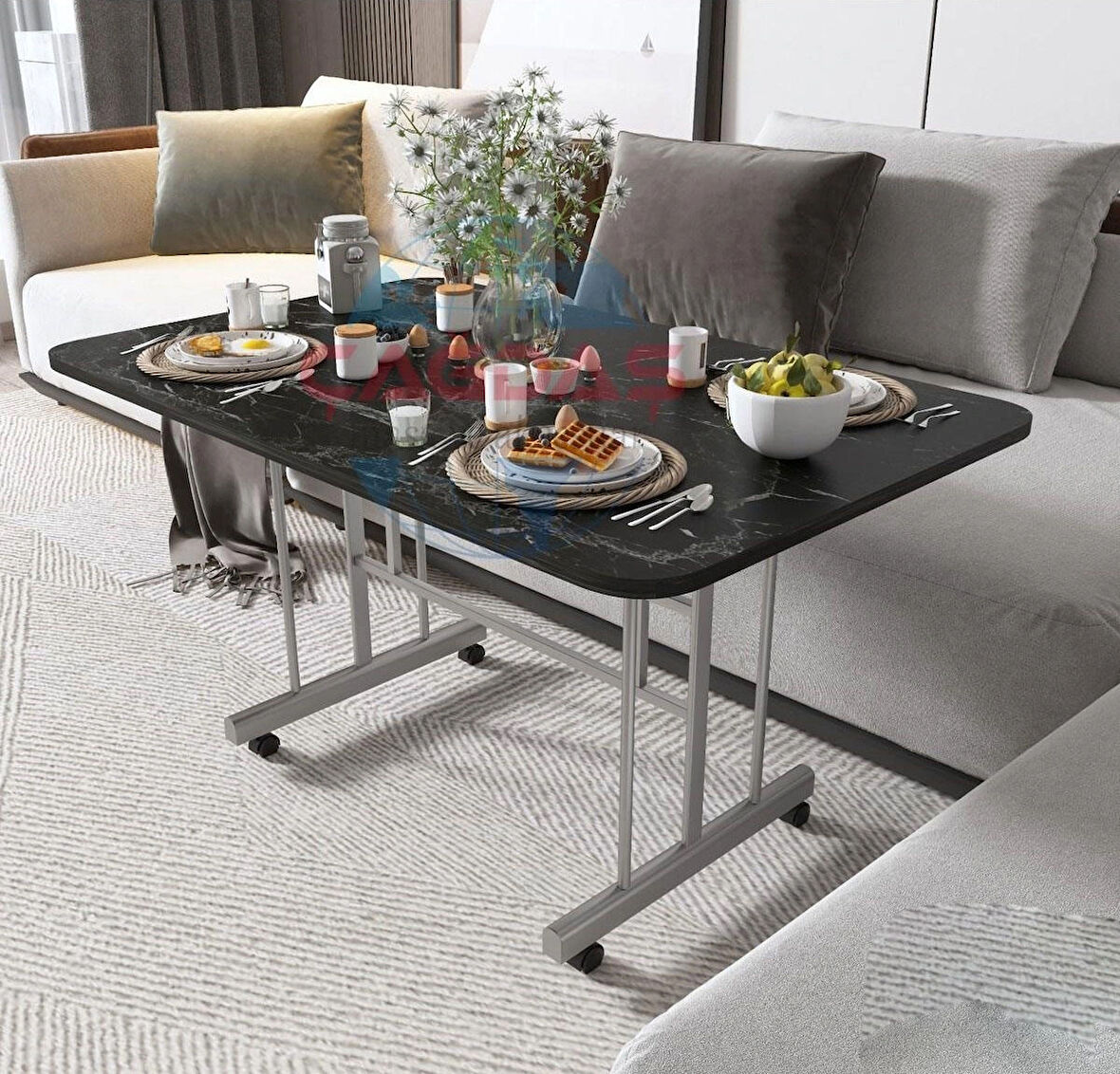 METAL AYAKLI TEKERLEKLİ EKONOMİK ORTA SEHPA 70 x 110 cm – SİYAH MERMER