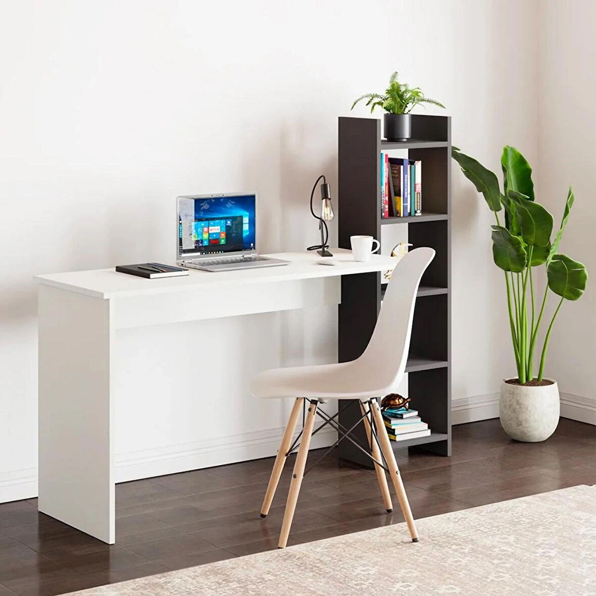 Reyo Kitaplıklı Fonksiyonel Çalışma Masası MS2 Beyaz Antrasit