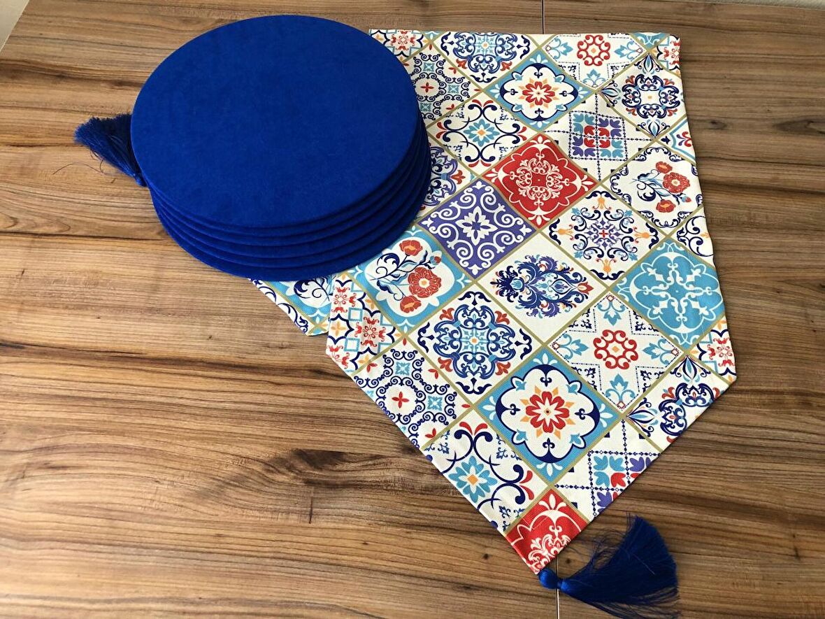 SERAMİK DESENLİ RUNNER & SAKS MAVİ SUPLA