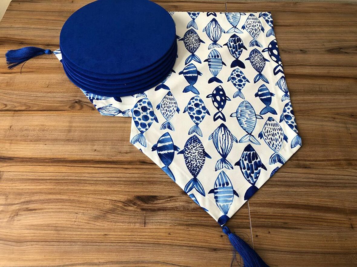 BEYAZ ZEMİN ÜZERİNE MAVİ BALIK DESENLİ RUNNER & SUPLA